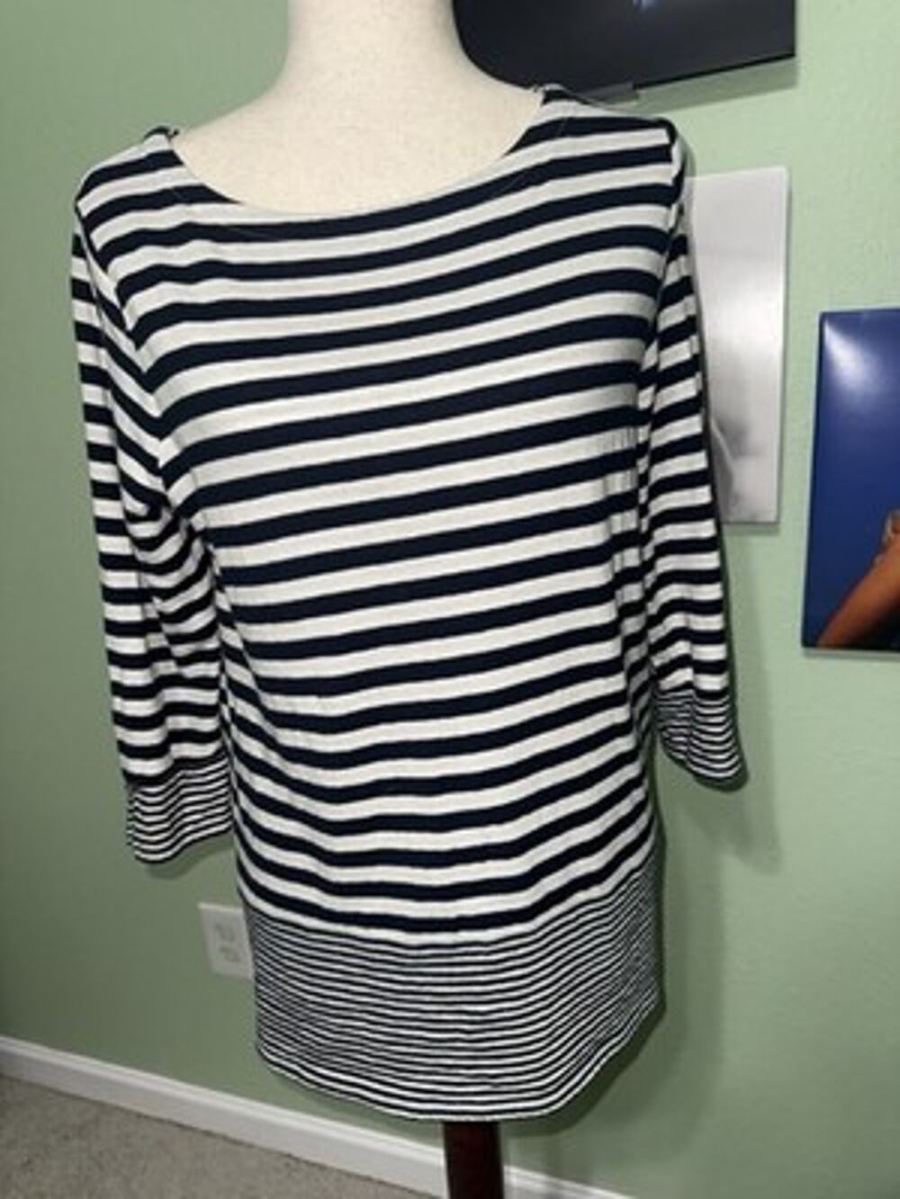 J JILL Top Womens Small S Navy Blue White Striped 3/4 Sleeve Boat Neck Knit